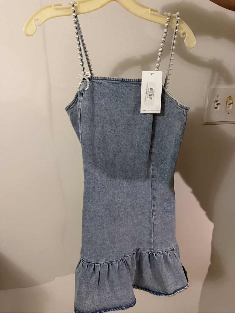 Pearl-Strap Light Blue Mini Denim Dress
